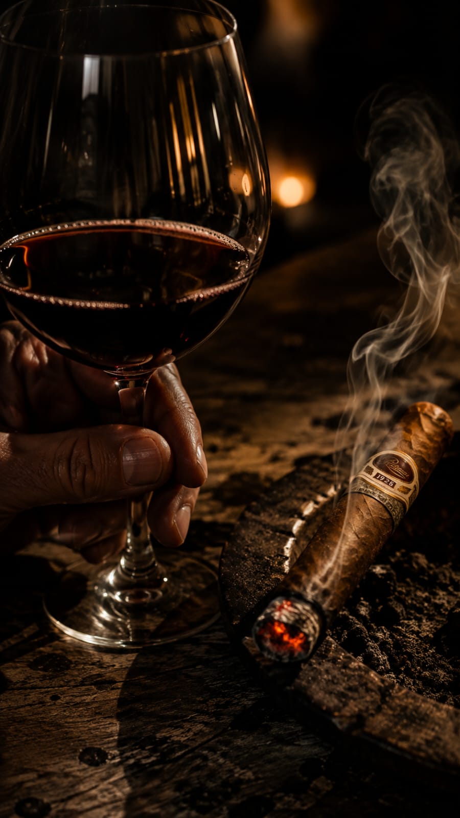 Una mano sosteniendo una copa de vino tinto junto a un puro encendido sobre madera